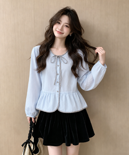 2026 한 부서 프랑스식 나비 넥타이 긴팔 여성 셔츠 루즈핏 슬림해 보이는 디자인 센스 연령 감소 맨위