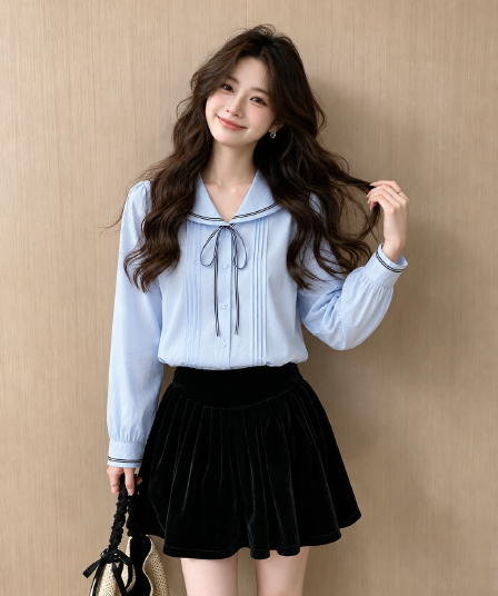 프랑스식 나비 넥타이 배색 긴팔 여성 셔츠 봄 새로운 루즈핏 슬림해 보이는 디자인 센스 연령 감소 맨위 트렌디