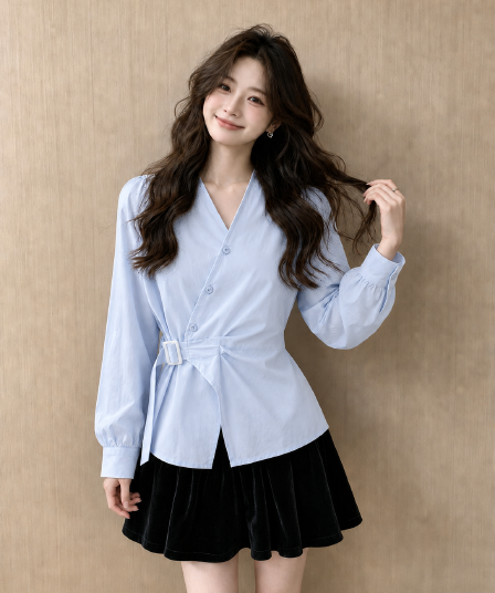 파란색 V넥 긍정적 인 어깨 긴팔 여성 셔츠 조기 가을 빅 사이즈 지방 mm 슬림해 보이는 불규칙 디자인 센스 허리 수축 맨위