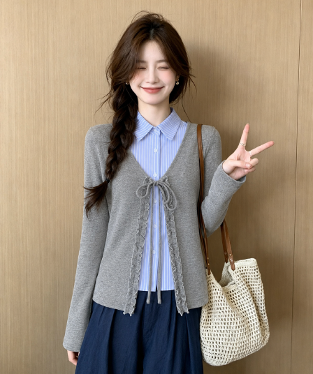 2026 가을 페이크 레이어드 스트라이프 셔츠 니트 티셔츠 여성 봄 봄 한 부서 프릴 작은 대중 긴팔 맨위