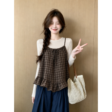 批发韩系文艺风格子抽绳花边<b class='q'>吊带</b>叠穿背心女夏季新款减龄两件套装