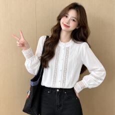 批发2026复古芭蕾少女白衬<b class='q'>衫</b>木耳边小立领法式<b class='q'>镂空</b>蕾丝灯笼袖上衣