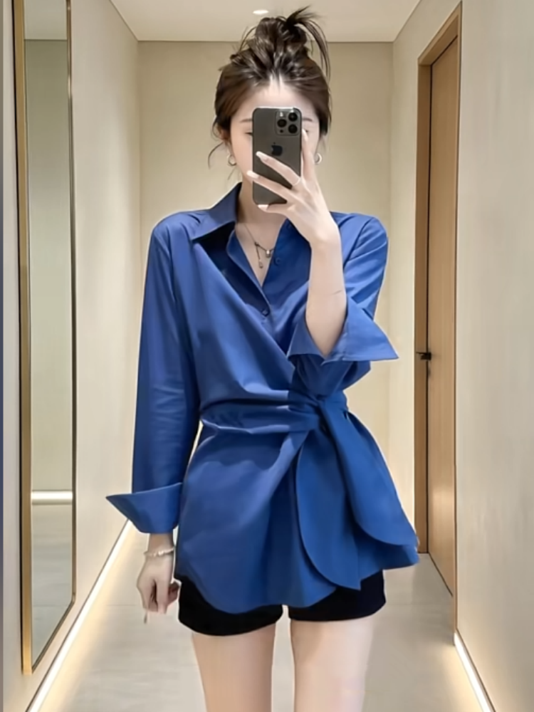 한국 스타일 레이스업 작은 셔츠 여성 봄 착용 가져 가라. POLO 칼라 새로운 셔츠 외국 가스 다용도 화이트 재킷