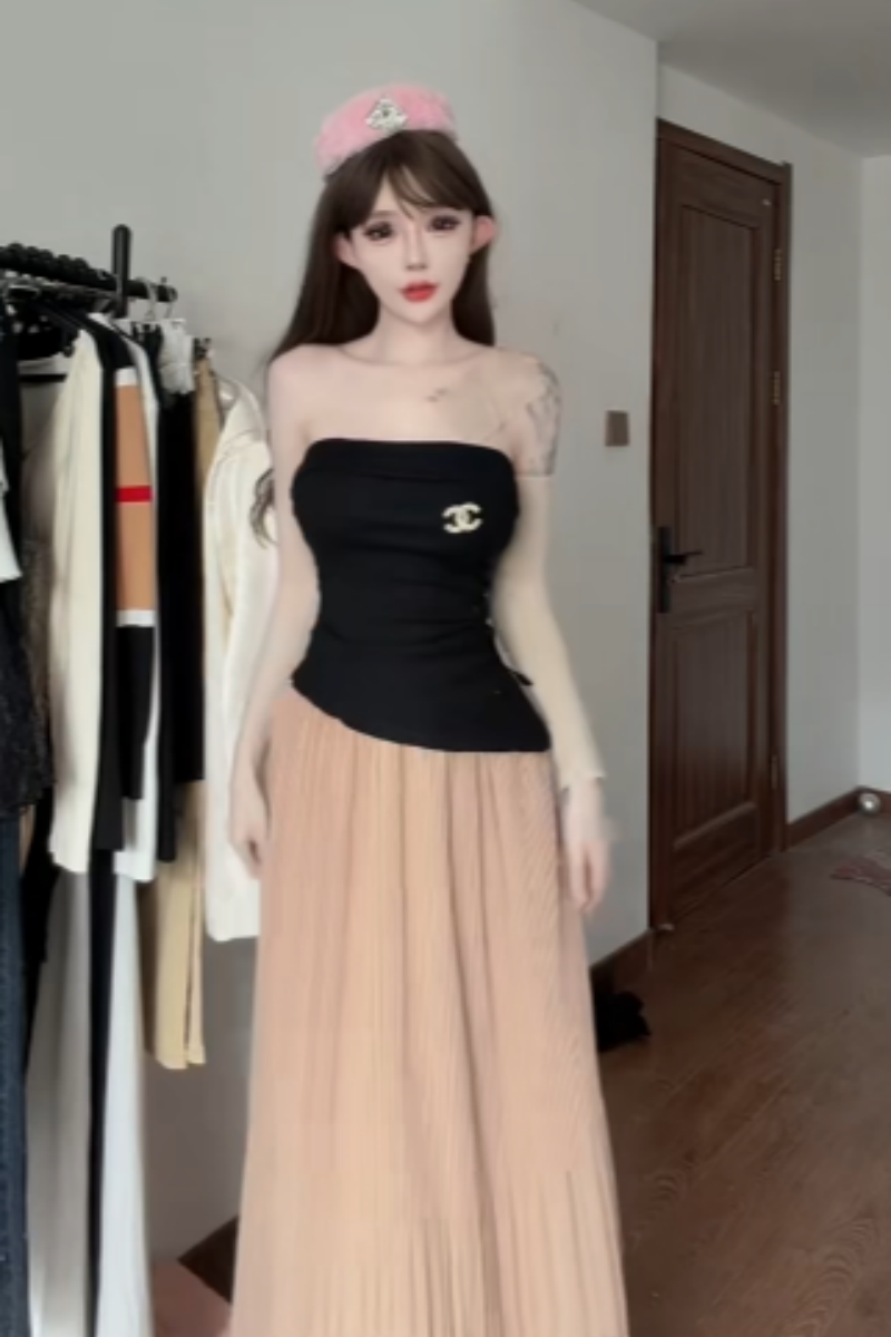 여름 비스듬한 자르다 배색 튜브탑 민소매 오프숄더 뒤로 섹시함 드레스 아이들 휴가 새로운 롱 코트 몸매 가꾸기