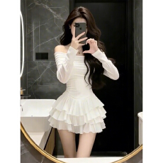 批发法式气质一字肩白色连衣裙子女秋冬2026新款收腰a字蓬蓬蛋糕短裙