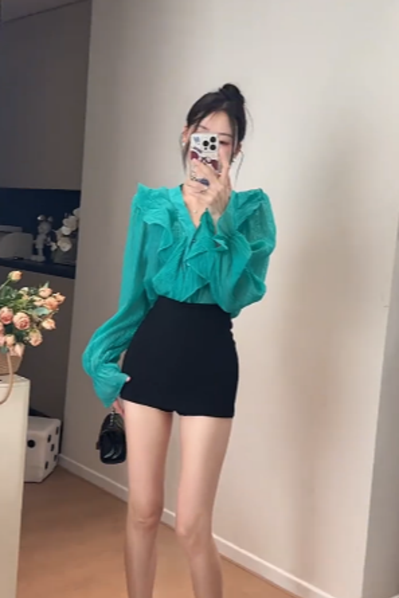 고급 센스 V넥 패치워크 다용도 오픈 가디건 긴팔 얇은 스타일 프릴 맨위 허리 수축 루즈핏 거품 소매 여성 셔츠