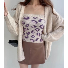 批发秋冬小众豹纹<b class='q'>图案</b>显瘦百搭抹胸<b class='q'>背心</b>宽松软糯百搭毛衣开衫套装9675