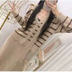 批发韩系穿搭女慵懒风休闲飘带挂脖V领<b class='q'>条纹</b>针织衫毛衣包臀<b class='q'>半身裙</b> 9807