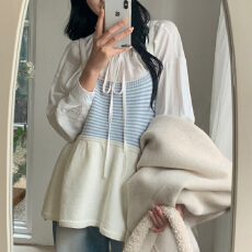 批发春秋 减龄条纹拼接吊带上衣针织无袖百搭叠穿背心毛衣娃娃衫 9893