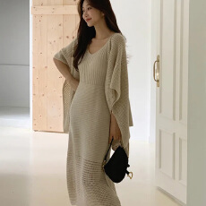 批发26早春 韩系针织温柔风针织显瘦针织过腰<b class='q'>连衣裙</b>套装 两件套 9601