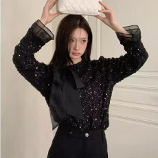 批发25早春 法式<b class='q'>蝴蝶结</b>亮片<b class='q'>衬衫</b>气质洋气减龄打底衫长袖雪纺上衣 9922