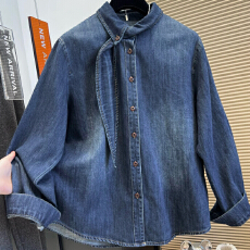 批发2026早春新款 设计感不规则小众系带纽扣<b class='q'>牛仔</b><b class='q'>衬衫</b>女宽松<b class='q'>衬衣</b> 9930
