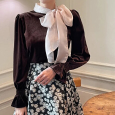 批发26早春 法式气质温柔风蝴蝶结丝绒衬衫女长袖打底衫百搭上衣 9937