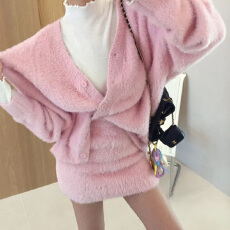 批发早春 韩系搭配一整套v领仿水貂毛<b class='q'>开衫</b>毛衣+半身裙针织两件套 9778