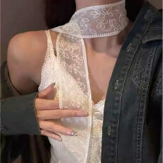 批发26春夏 法式复古花朵刺绣蕾丝长条小丝巾领巾百搭装饰发带 8798