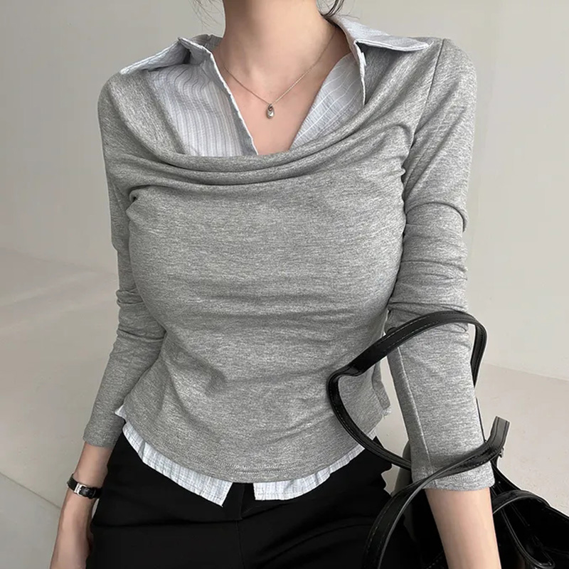 26 이른 봄 한 부서 학원 스타일 폴로 칼라 페이크 레이어드 셔츠 몸매 가꾸기 숙녀 연령 감소 긴팔 맨위 티셔츠 9968