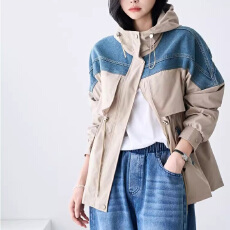 批发26春秋 <b class='q'>韩国</b>女装<b class='q'>牛仔</b>拼接连帽<b class='q'>外套</b>工装<b class='q'>外套</b>女休闲中长款风衣 9992