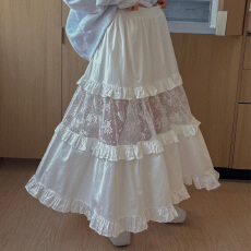 批发26春<b class='q'>夏</b> 减龄设计感花朵网纱拼接透视半身裙松紧腰过膝长裙 9996