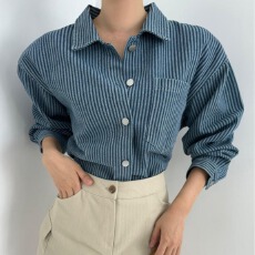 批发26早春 韩版宽松复古男友风竖条纹长袖牛仔<b class='q'>衬衫</b>短外套上衣女 9997