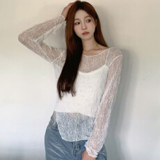 批发26春夏 新款韩版设计感透视<b class='q'>不规则</b>蕾丝两件套小众修身蕾丝T恤1018