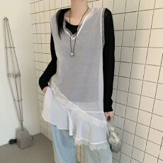 批发26春夏 小众叠穿裙韩系净色微透<b class='q'>蕾丝</b>拼接不规则<b class='q'>背心裙</b>连衣裙 1023