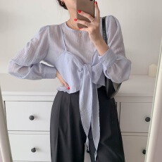 批发韩国 法式气质温柔甜美风蝴蝶结<b class='q'>吊带</b>两件套长袖<b class='q'>雪纺</b>衬衫上衣 1051