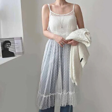 批发春夏 韩国chic设计感叠穿罩衫透视<b class='q'>蕾丝</b>网纱吊带背心 连衣裙 1053
