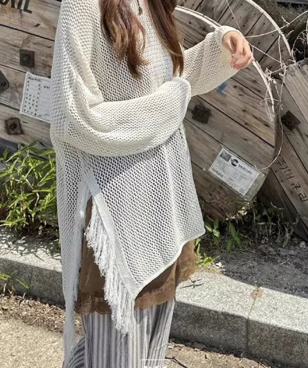 26 봄 여름 한국 측면 트임 술 루즈핏 긴팔 니트 스웨터 얇은 스타일 에어컨 자외선 차단 블라우스 1066