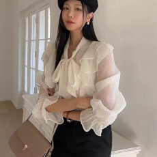 批发<b class='q'>韩国</b> 2026温柔风蝴蝶结系带雪纺衬衫女荷叶边飘逸长袖上衣 1070