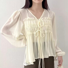 批发26春夏 <b class='q'>韩国</b>女装系带V领两件套褶皱木耳边衬衫透视空调防晒衣1076