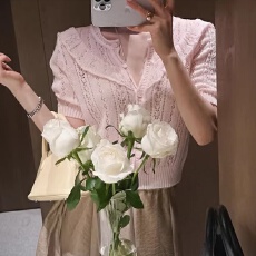 批发韩国 春夏 新款简约休闲风荷叶薄款短袖开衫<b class='q'>针织衫</b>女短袖上衣1085