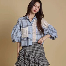 批发26夏季 韩国东大门INS拼接设计格子<b class='q'>中袖</b>衬衫<b class='q'>上衣</b>透气开衫衬衣1087