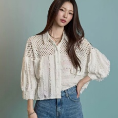 批发夏季新品 减龄气质衬衫网状拼接边缘蕾丝泡泡袖翻领短衬衣 1088