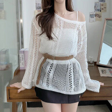 批发夏 薄款镂空长袖<b class='q'>针织衫</b><b class='q'>中长款</b>空调罩衫上衣+背心+腰带三件套 1090