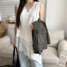 批发26春夏 法式V领蕾丝拼接百搭吊带背心<b class='q'>无袖</b>打底衫连衣裙 1082