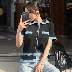 批发韩国 26夏 <b class='q'>牛仔</b>拼色T恤薄款冰丝金色纽扣小香风针织开衫外套 1099