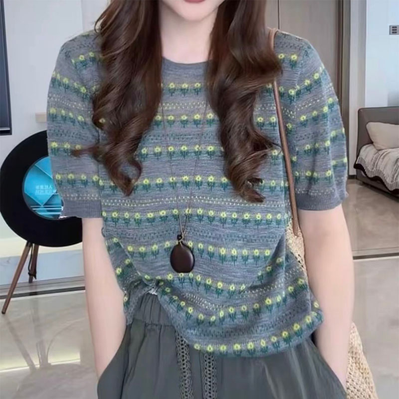 얇은 스타일 니트 레트로 배색 작은 꽃 자카드 맨위 부드러운 찹쌀 루즈핏 라운드 넥 새로운 일상 반팔 티셔츠 1162