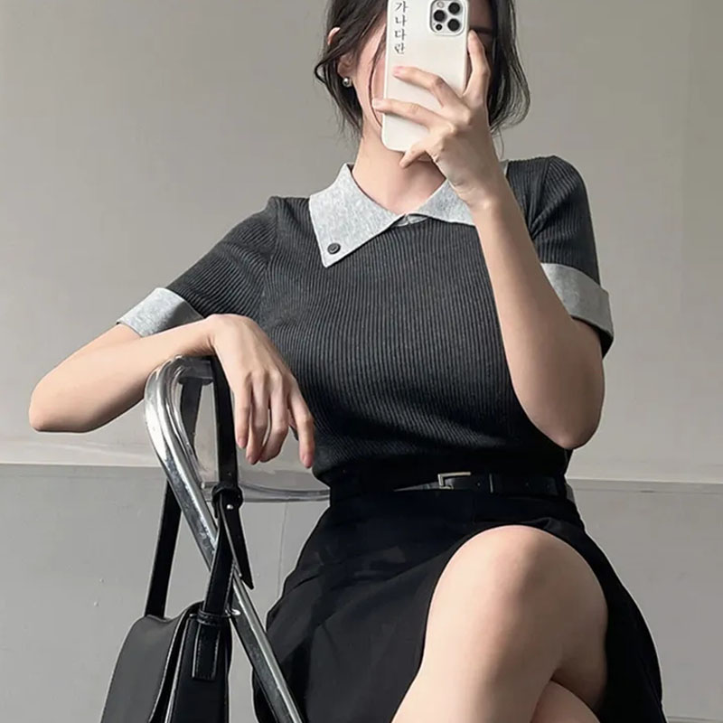 한 부서 POLO 칼라 패치워크 페이크 레이어드 얇은 스타일 얼음 실크 니트 스웨터 여름 몸매 가꾸기 슬림해 보이는 쇼트 스타일 티셔츠 1157
