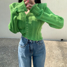 批发韩国 夏 V领长袖<b class='q'>修身</b>显瘦高腰短款冰丝针织开衫糖果色<b class='q'>小外套</b> 1183
