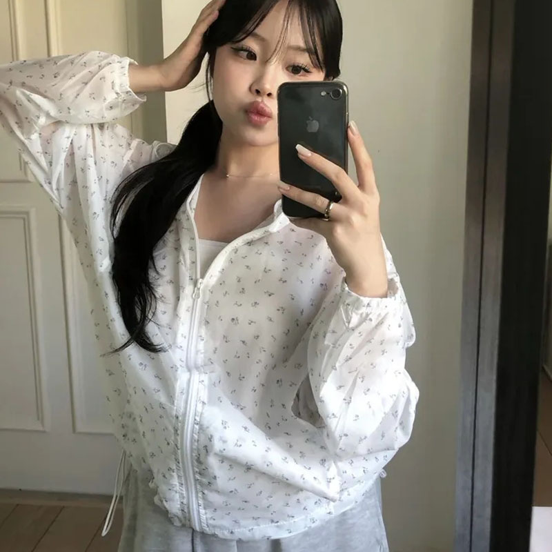 여름 chic 패션 작은 꽃무늬 얇은 스타일 자외선 차단 의류 여성 루즈핏 후드 오픈 가디건 캐주얼 자외선 차단 에어컨 셔츠 1189