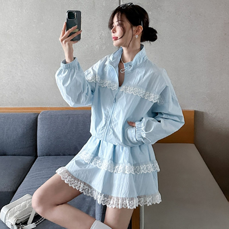 여름 ins 스탠드 칼라 얇은 스타일 레이스 조각 재킷 반신 스커트 투피스 세트 자외선 차단 의류 미니 스커트 세트 9035