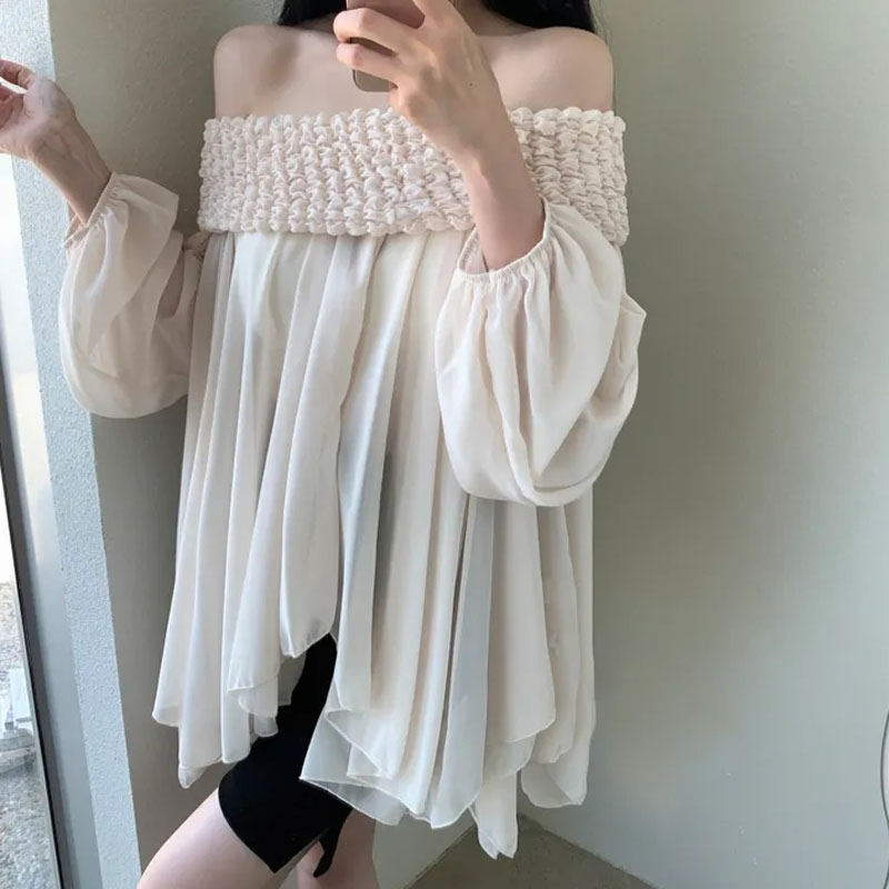 여름 프릴 연인 디자인 센스 요정 달콤함 무거운 작업 주름 보트넥 오프숄더 시폰 셔츠 여성 1202