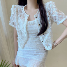 批发夏 <b class='q'>韩国</b>chic 圆领甜美立体花朵垫肩衬衫小香风短袖开衫小外套9155