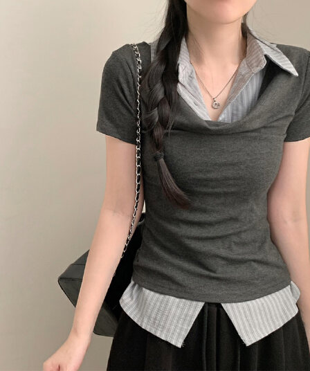 26 여름 한 부서 학원 스타일 폴로 칼라 페이크 레이어드 셔츠 몸매 가꾸기 숙녀 연령 감소 반팔 맨위 티셔츠 1208