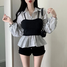 批发26早秋 韩系条纹收腰显瘦假两件拼接<b class='q'>衬衫</b><b class='q'>女</b>堆堆袖设计感上衣 1011