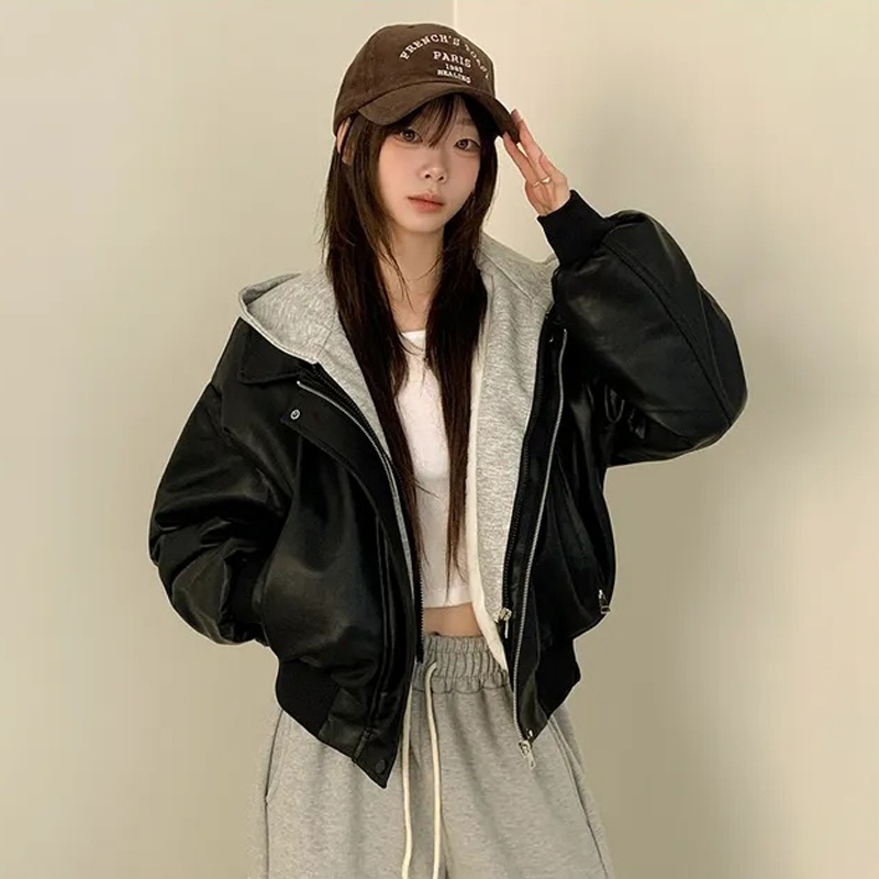 26 가을 겨울 한국 chic 페이크 레이어드 후드 가죽 재킷 여성 코트 레트로 루즈핏 PU 가죽 오토바이 재킷 1255