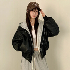 批发26秋冬 韩国chic假两件连帽皮衣外套女复古宽松pu皮机车夹克 1255