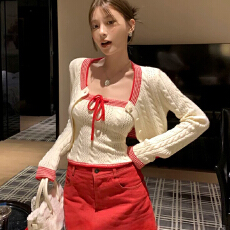 批发26秋冬韩女撞色抽绳针织抹胸弹力麻花针织加厚毛衣<b class='q'>开衫</b>两件套1258