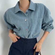 批发26秋冬 韩版宽松复古<b class='q'>男</b>友风竖条纹长袖牛仔<b class='q'>衬衫</b>短外套上衣女 9997