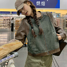 批发26秋冬 港风复古时尚拼接皮<b class='q'>牛仔</b>外套女宽松显瘦正肩上衣<b class='q'>夹克</b> 1301